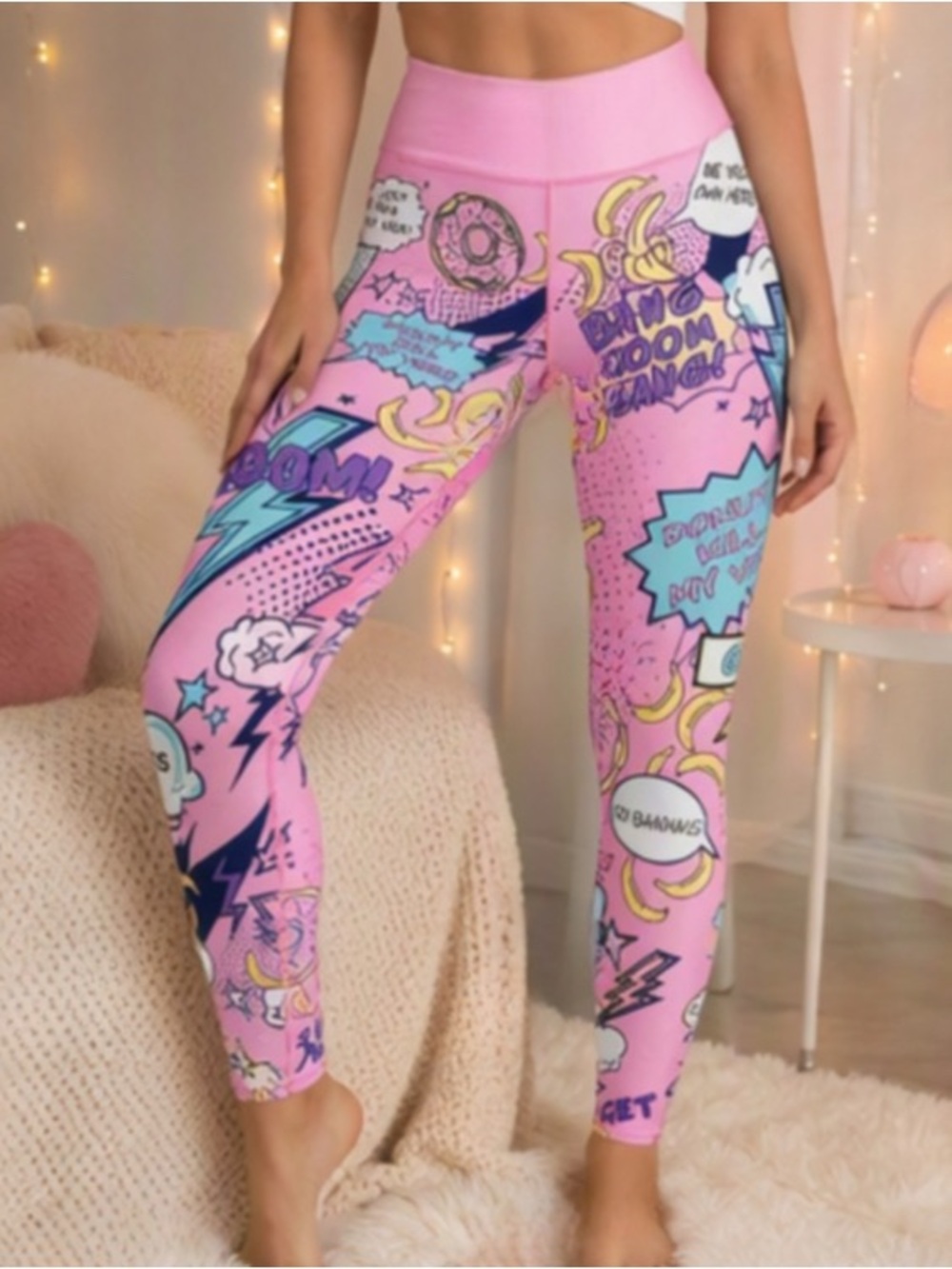 🎀 E-Red Bubblegum Pink Fun Comic Print Leggings 🎀 NWOT